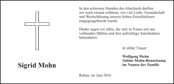 Traueranzeige von Sigrid Mohn von Frankenpost