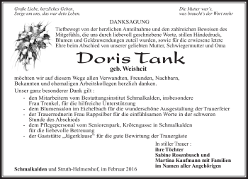 Traueranzeige von Doris Tank von Südthüringer Presse