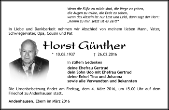 Traueranzeige von Horst Günther von Südthüringer Presse