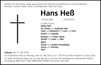 Traueranzeige von Hans Heß von Neue Presse Coburg