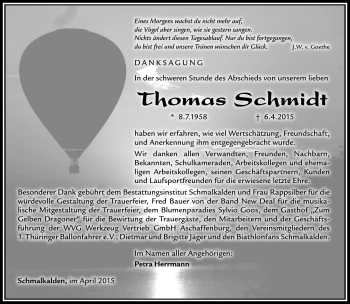 Traueranzeige von Thomas Schmidt von Südthüringer Presse