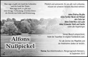 Traueranzeige von Alfons Nußpickel von Südthüringer Presse