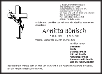 Traueranzeige von Annitta Bönisch von Frankenpost
