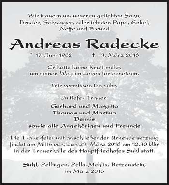 Traueranzeige von Andreas Radecke von Südthüringer Presse