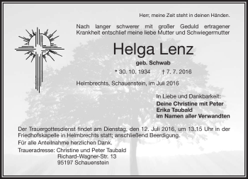 Traueranzeige von Helga Lenz von Frankenpost