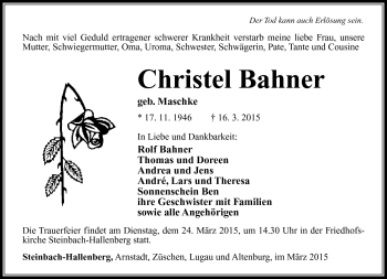 Traueranzeige von Christel Bahner von Südthüringer Presse