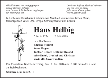Traueranzeige von Hans Helbig von Südthüringer Presse