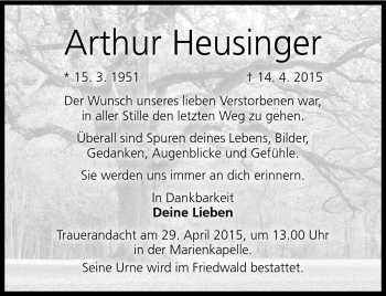 Traueranzeige von Arthur Heusinger von Neue Presse Coburg