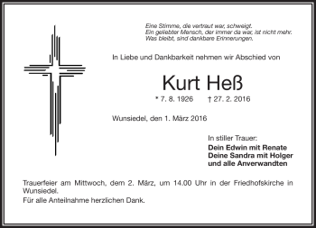 Traueranzeige von Kurt Heß von Frankenpost