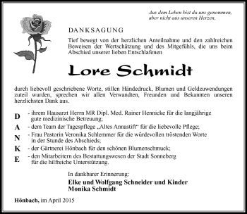Traueranzeige von Lore Schmidt von Südthüringer Presse