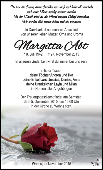 Traueranzeige von Margitta Abt von Südthüringer Presse