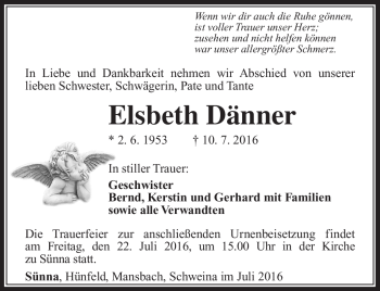 Traueranzeige von Elsbeth Dänner von Südthüringer Presse
