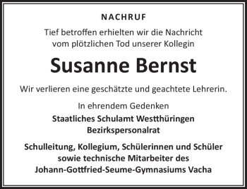 Traueranzeige von Susanne Bernst von Südthüringer Presse