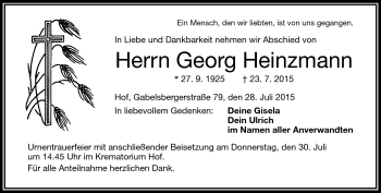 Traueranzeige von Georg Heinzmann von Frankenpost