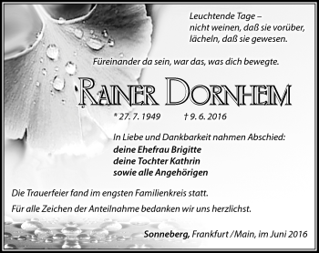 Traueranzeige von Rainer Dornheim von Südthüringer Presse