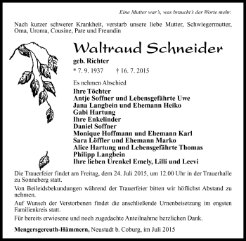 Traueranzeige von Waltraud Schneider von Südthüringer Presse