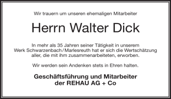 Traueranzeige von Walter Dick von Frankenpost