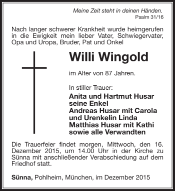 Traueranzeige von Willi Wingold von Südthüringer Presse