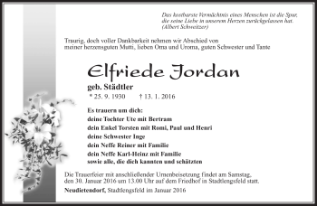 Traueranzeige von Elfriede Jordan von Südthüringer Presse