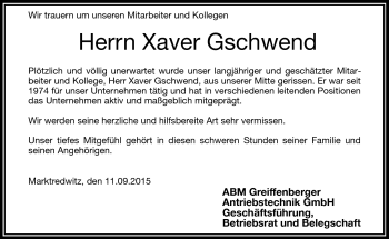 Traueranzeige von Xaver Gschwend von Frankenpost