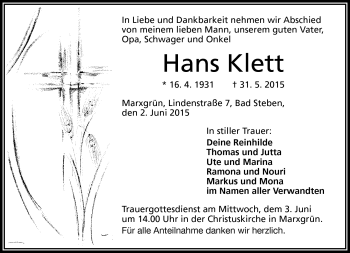 Traueranzeige von Hans Klett von Frankenpost