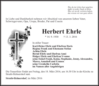 Traueranzeige von Herbert Ehrle von Südthüringer Presse