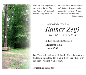 Traueranzeige von Rainer Zeiß von Südthüringer Presse