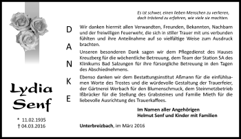 Traueranzeige von Lydia Senf von Südthüringer Presse