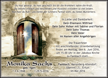 Traueranzeige von Monika Sachs von Südthüringer Presse