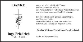 Traueranzeige von Inge Friedrich von Frankenpost