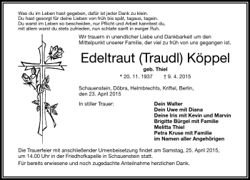 Traueranzeige von Edeltraut (Traudl) Köppel von Frankenpost