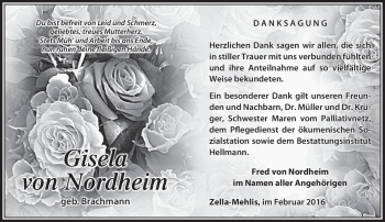 Traueranzeige von Gisela von Nordheim von Südthüringer Presse