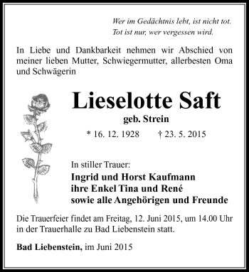 Traueranzeige von Lieselotte Saft von Südthüringer Presse