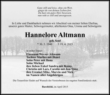 Traueranzeige von Hannelore Altmann von Südthüringer Presse