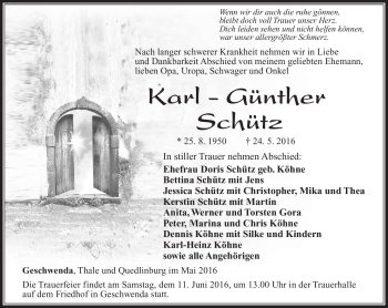 Traueranzeige von Karl - Günther Schütz von Südthüringer Presse