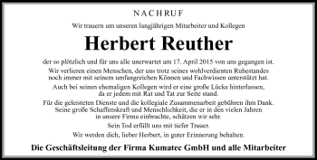 Traueranzeige von Herbert Reuther von Südthüringer Presse
