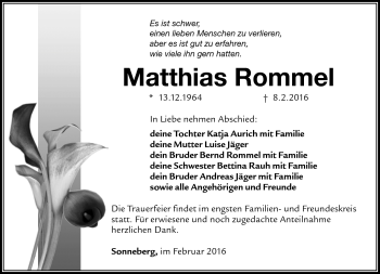 Traueranzeige von Matthias Rommel von Südthüringer Presse