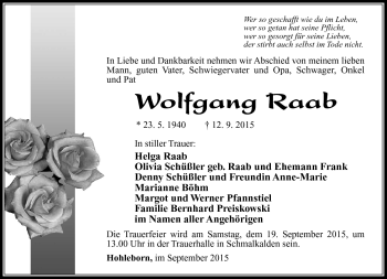 Traueranzeige von Wolfgang Raab von Südthüringer Presse