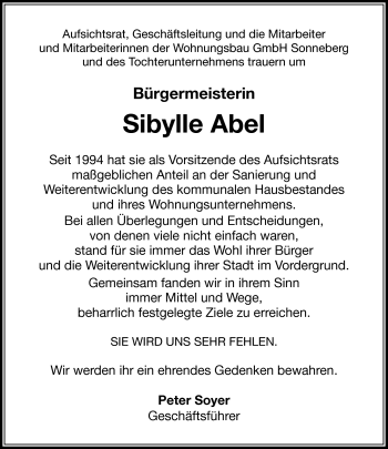 Traueranzeige von Sibylle Abel von Südthüringer Presse