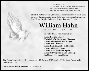 Traueranzeige von William Hahn von Südthüringer Presse