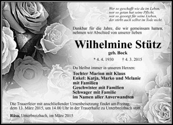 Traueranzeige von Wilhelmine Stütz von Südthüringer Presse