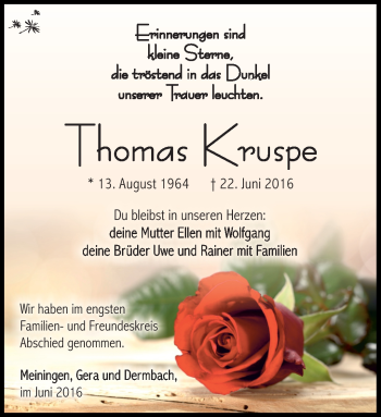 Traueranzeige von Thomas Kruspe von Südthüringer Presse