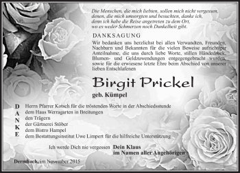 Traueranzeige von Birgit Prickel von Südthüringer Presse