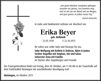 Traueranzeige von Erika Beyer von Südthüringer Presse