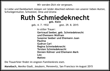 Traueranzeige von Ruth Schmiedeknecht von Südthüringer Presse