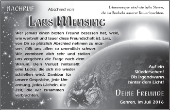 Traueranzeige von Lars Mensing von Südthüringer Presse