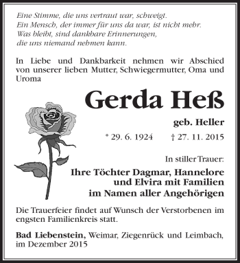 Traueranzeige von Gerda Heß von Südthüringer Presse