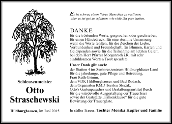 Traueranzeige von Otto Straschewski von Südthüringer Presse