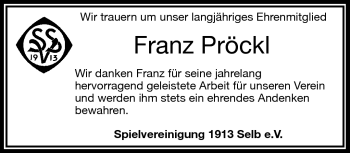Traueranzeige von Franz Pröckl von Frankenpost