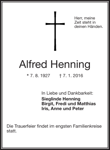Traueranzeige von Alfred Henning von Frankenpost